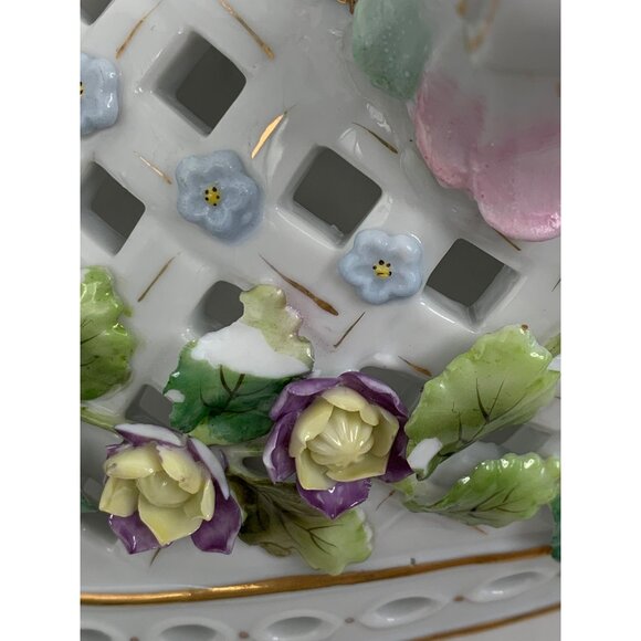 Antique Large Porcelain Floral Footed Centerpiece Bowl encrusted Rose & Leaf - Picture 12 of 16